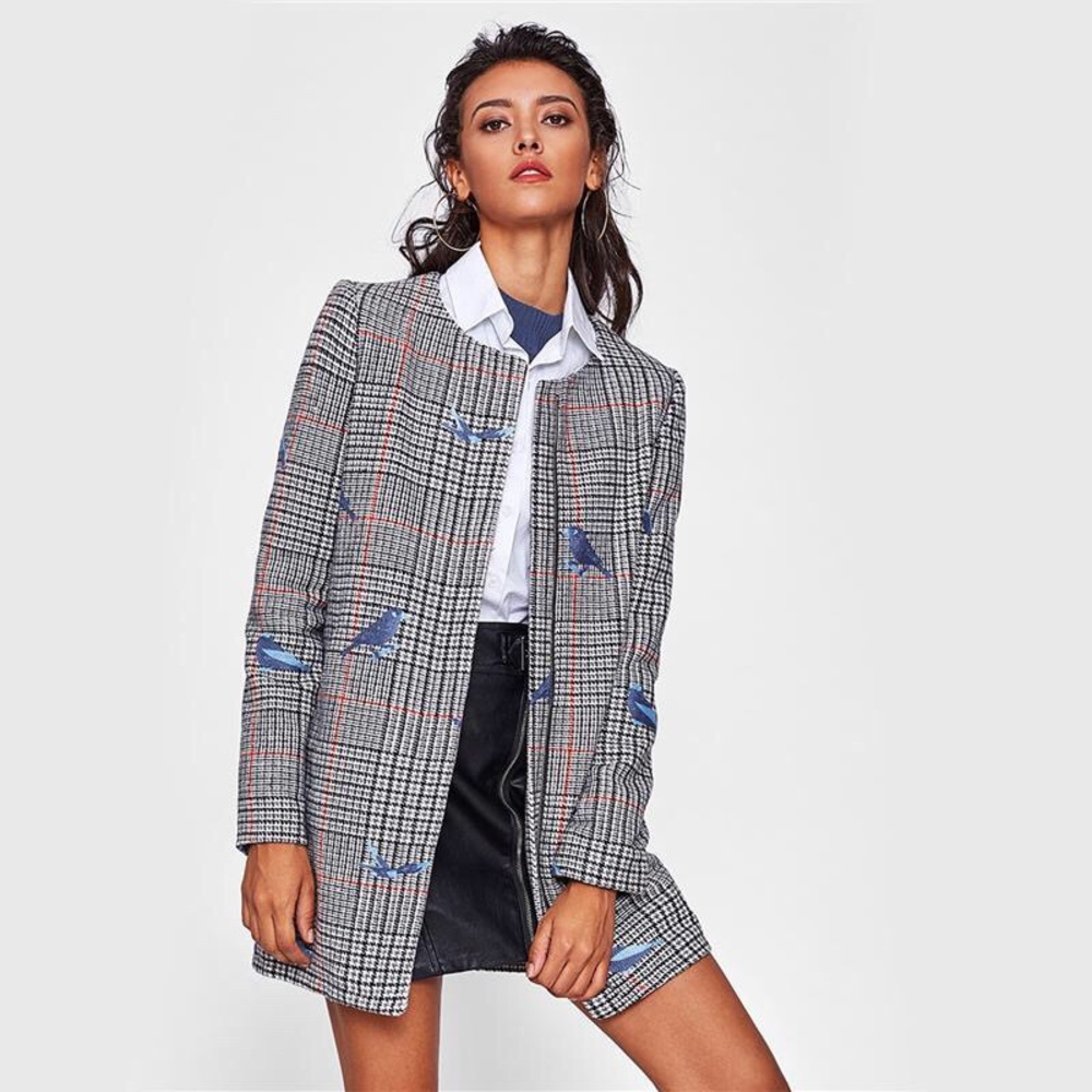 Bird Embroidered Hidden Zip Plaid Coat
